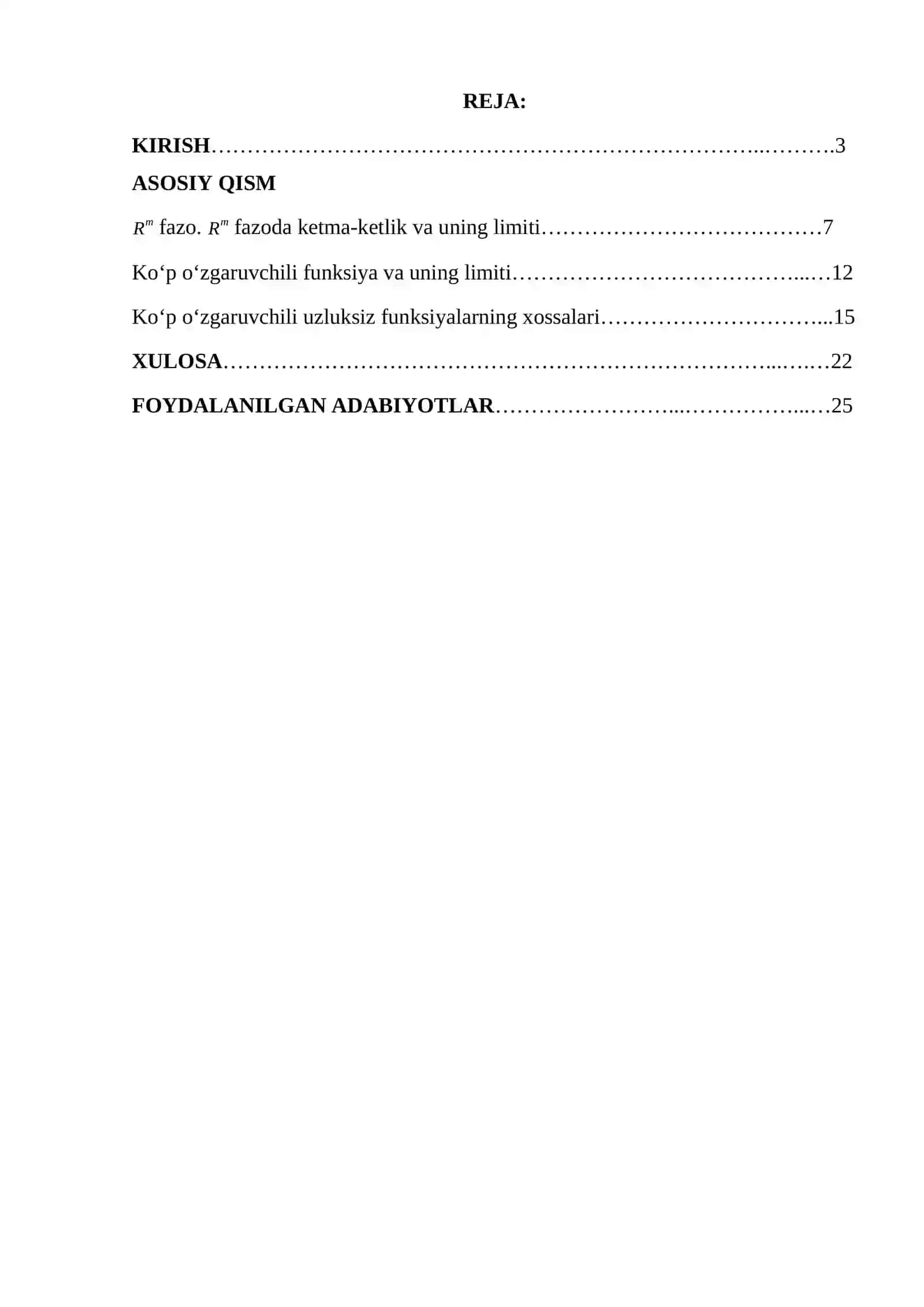 «Matematik analiz» fanidan KURS ISHI 2