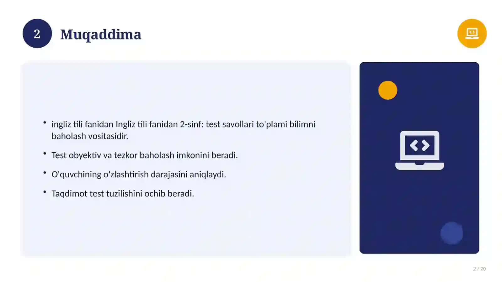 Ingliz tili fanidan 2-sinf: test savollari to'plami 2