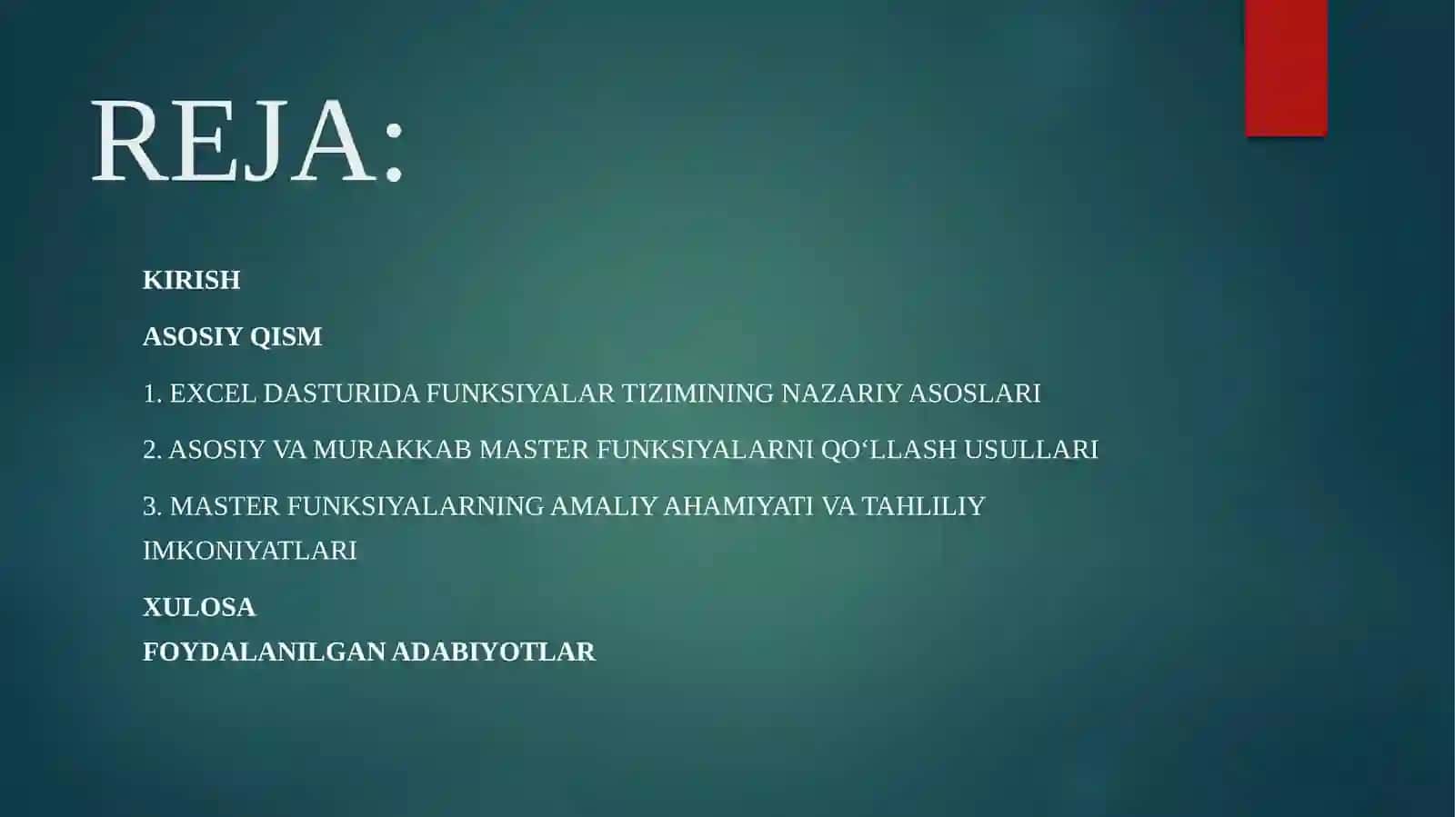 EXCEL DASTURIDA MASTER FUNKSIYALAR BILAN ISHLASH 2