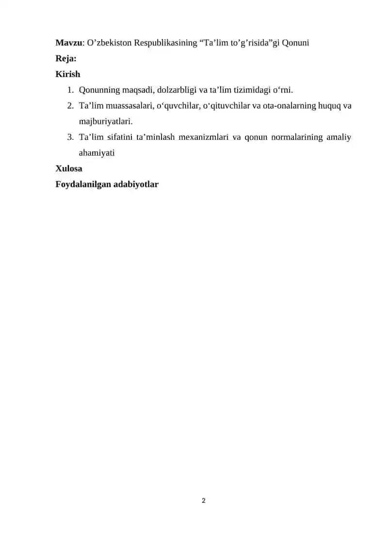O’zbekiston Respublikasining “Ta’lim to’g’risida”gi Qonuni 2