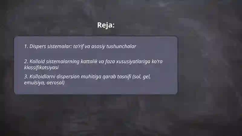 Dispers sistemalar. Kolloid sistemalarning klasifikatsiyasi, tuzilishi, olinishi va tozalash usullari 2