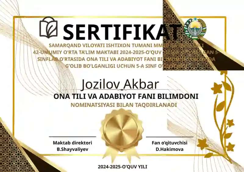 Faxriy yorliq, sertifikat premium dizayn 2