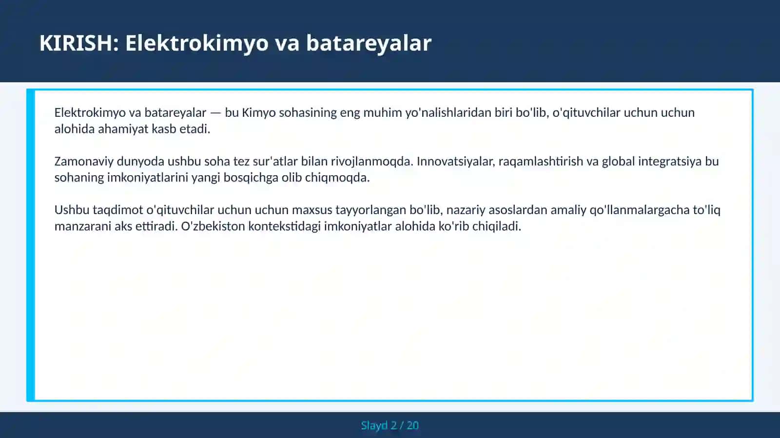 Elektrokimyo va batareyalar 2