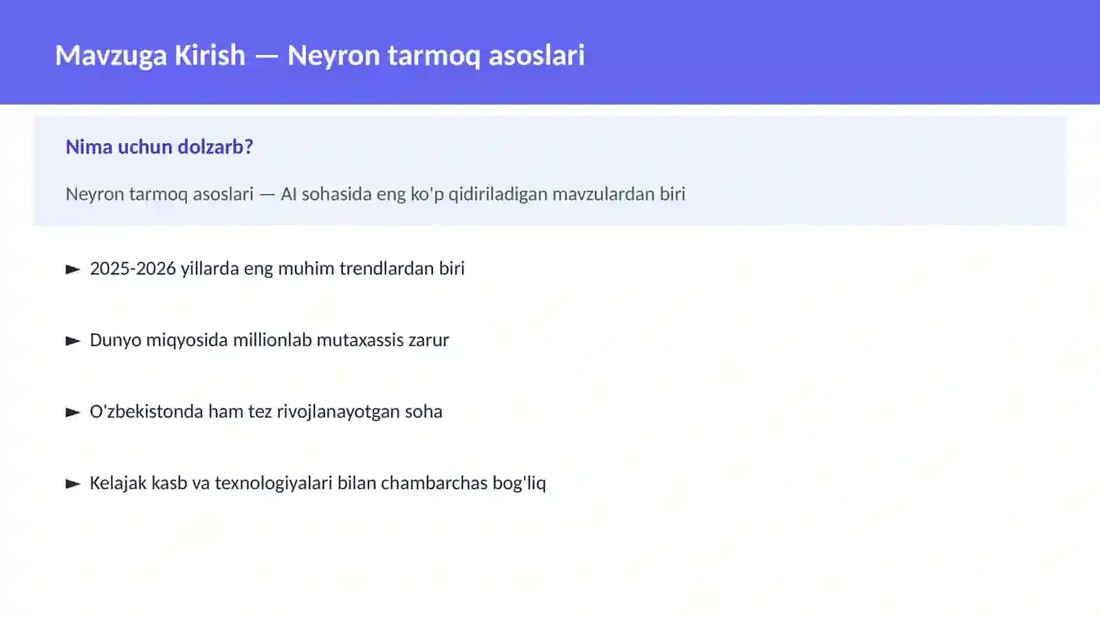 AI | DEEP LEARNING VA NEYRON TARMOQLAR 2