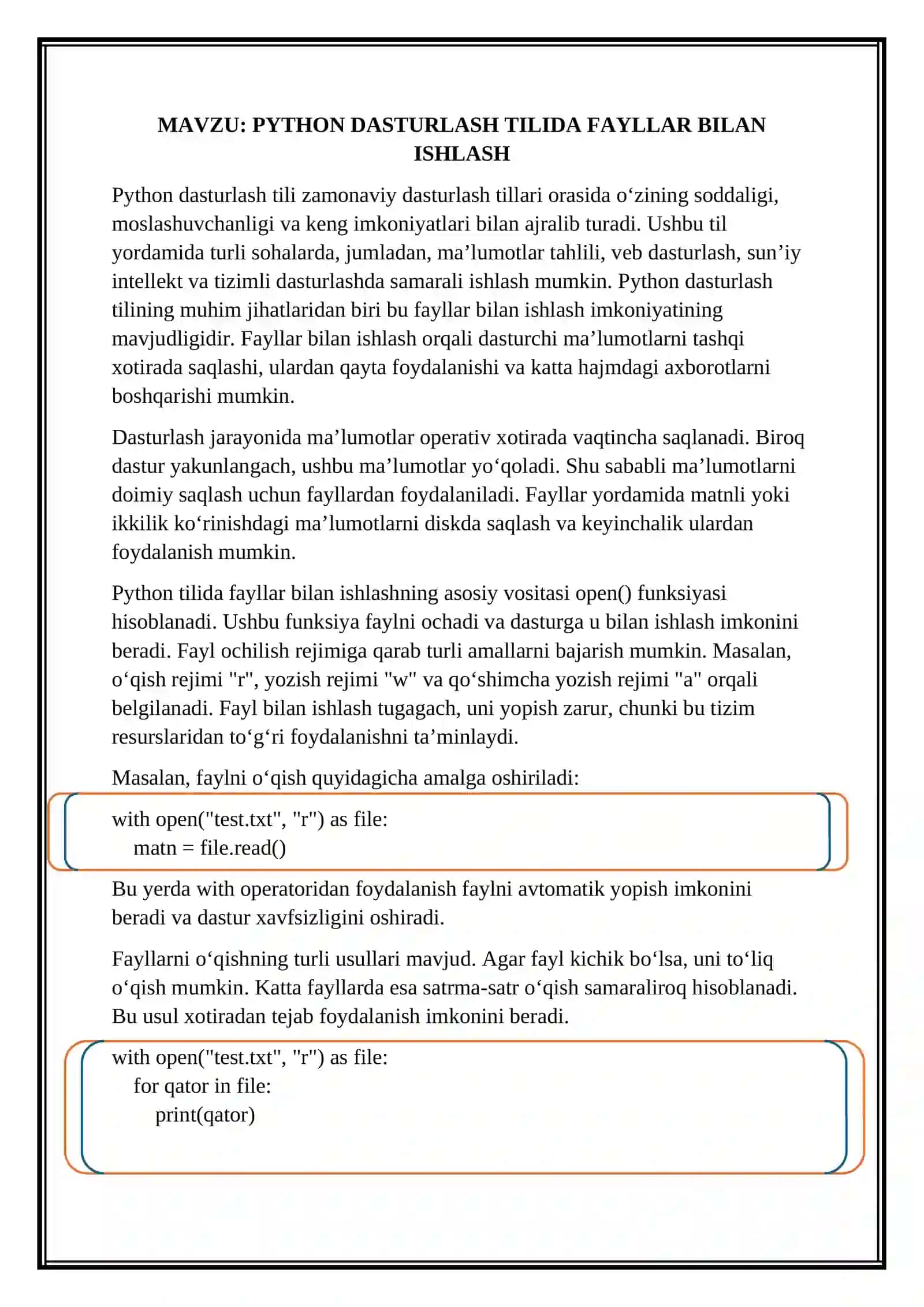 PYTHON DASTURLASH TILIDA FAYLLAR BILAN ISHLASH 2