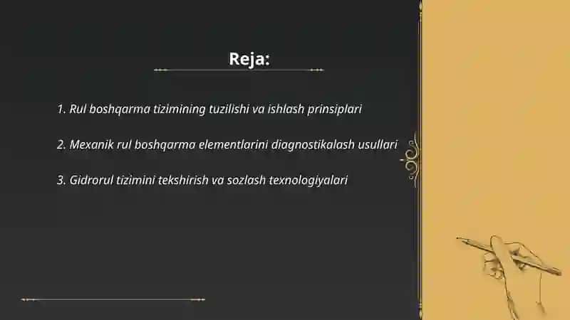 Rul boshqarmasini diagnostikalash va sozlash ishlari texnologiyasi 2