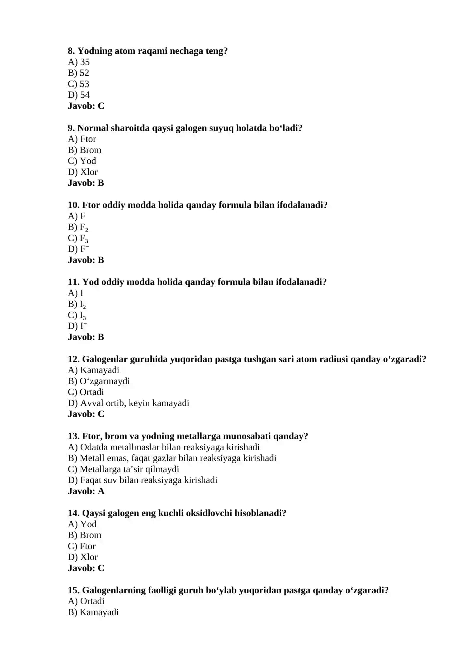 Ftor, Brom, Yod test javoblari 2