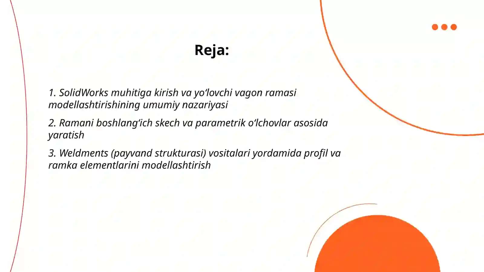 SolidWorks dasturi yordamida yoʻlovchi vagonlar ramasini modellashtirish 2