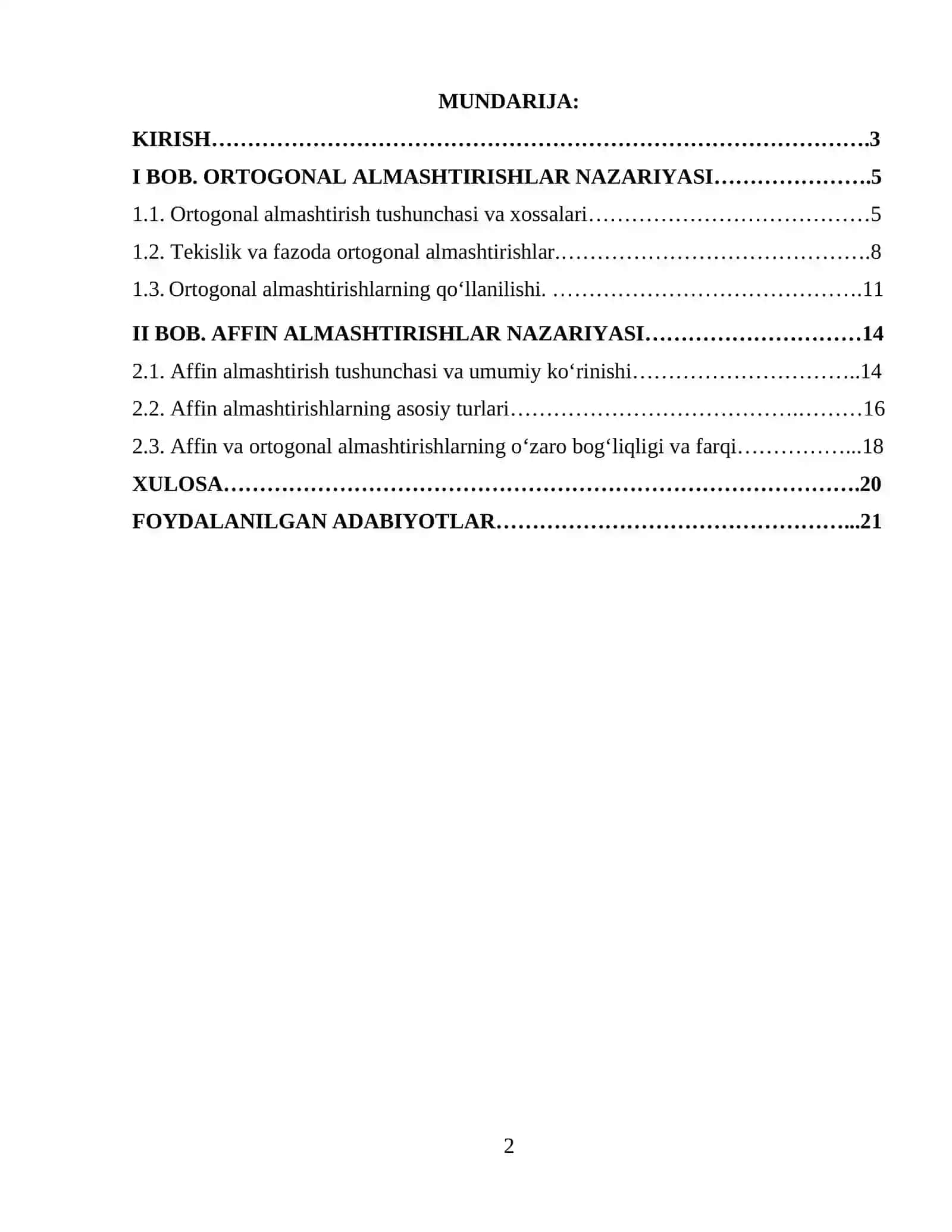 KURS ISHI: Ortogonal va affin almashtirishlar 2