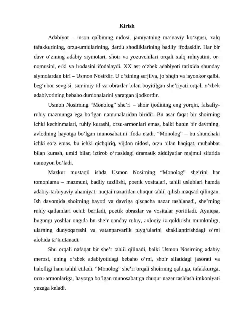 Usmon Nosirning Monolog She'ri ustida ishlash 2