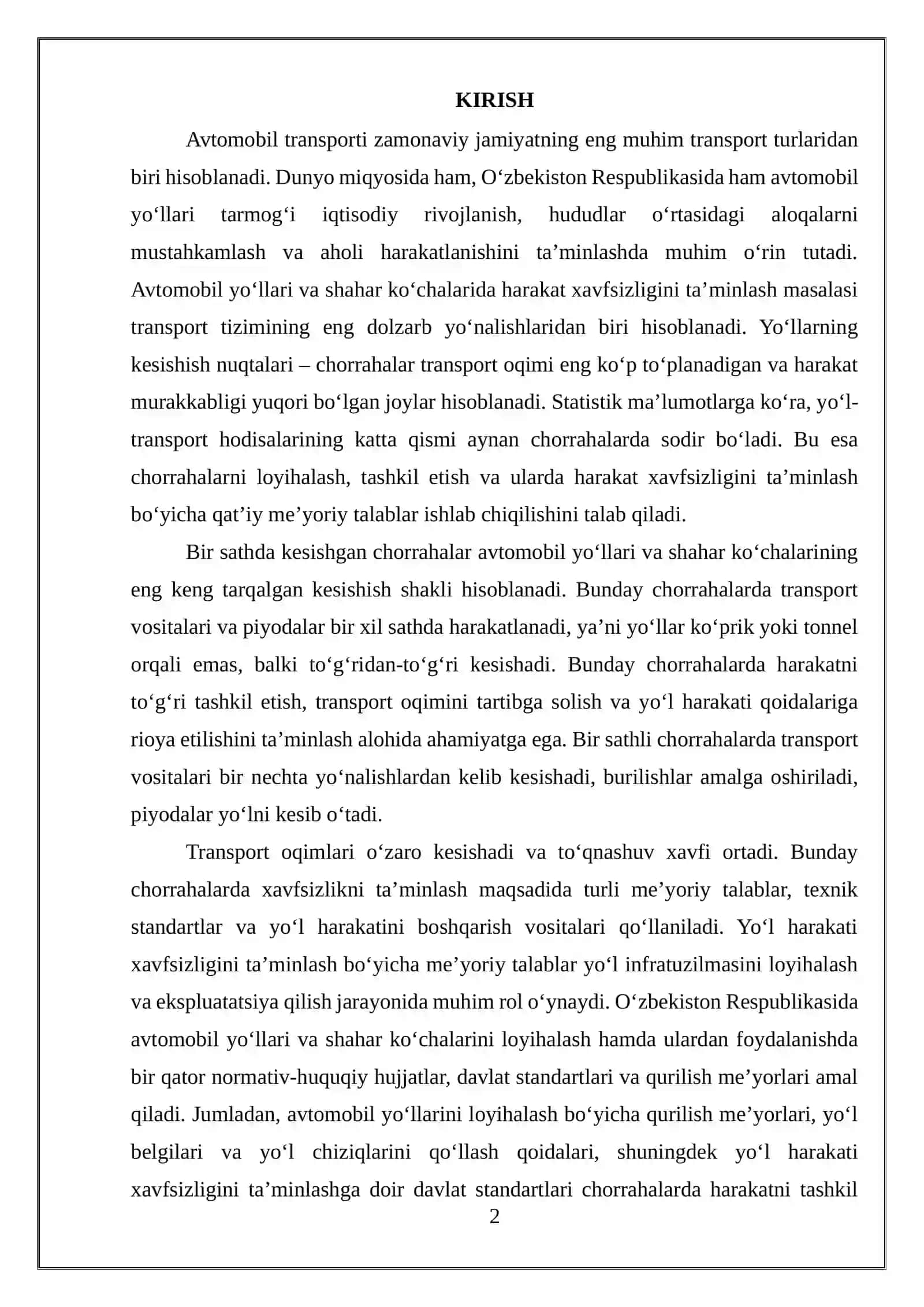 Avtomobil yo‘llari va shahar ko‘chalarini bir sathda kesishgan chorrahalarda harakat xavfsizligi bo‘yicha qo‘yilgan me’yoriy talablarni o‘rganish 2