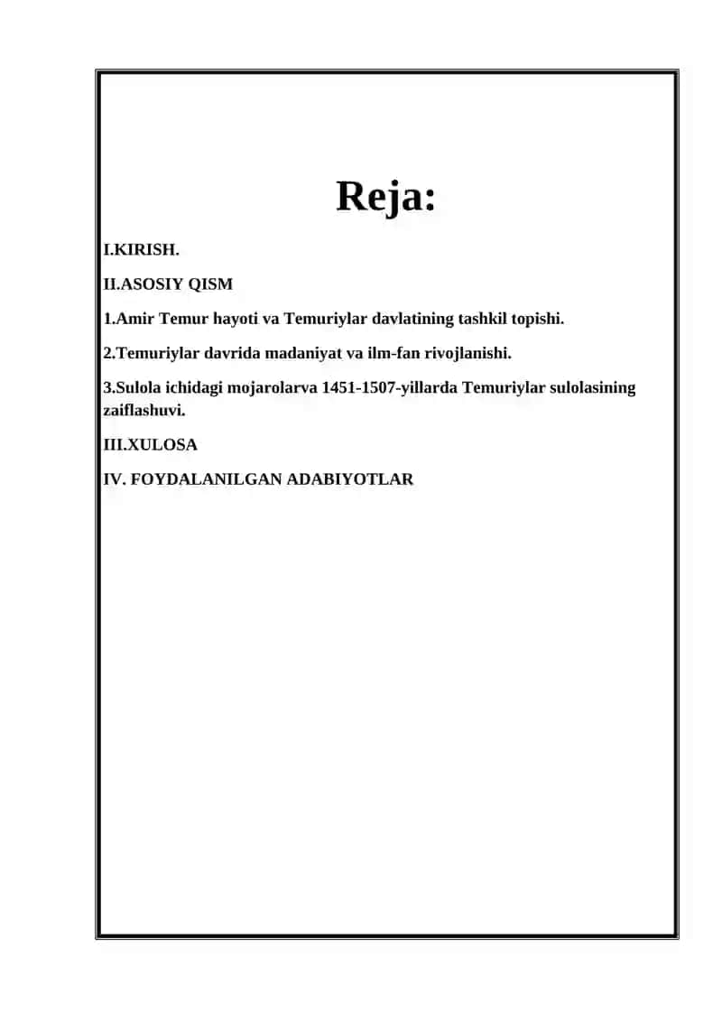 Amir Temur va Temuriylar davlati referat 2