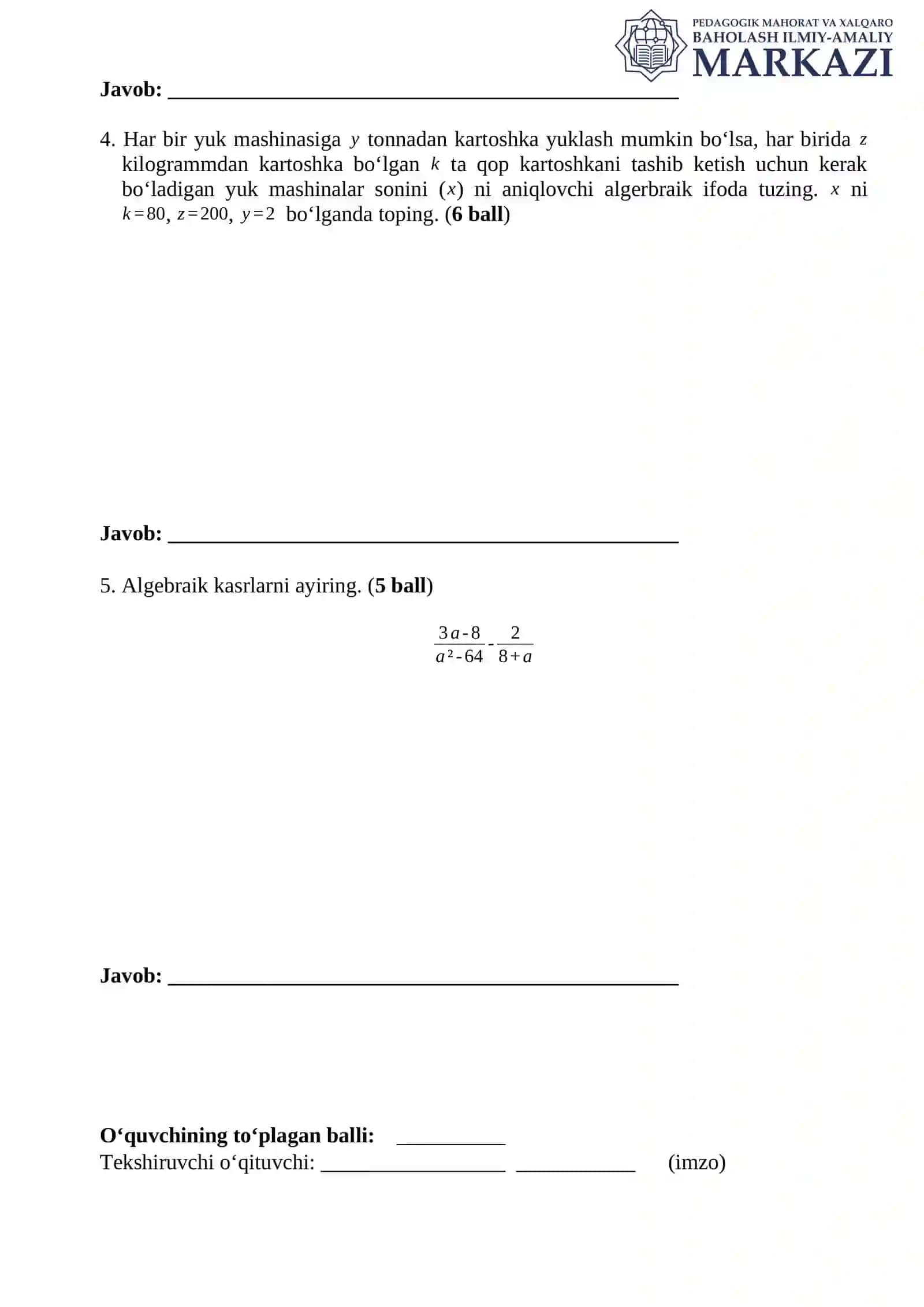 Algebraik ifodalar 2