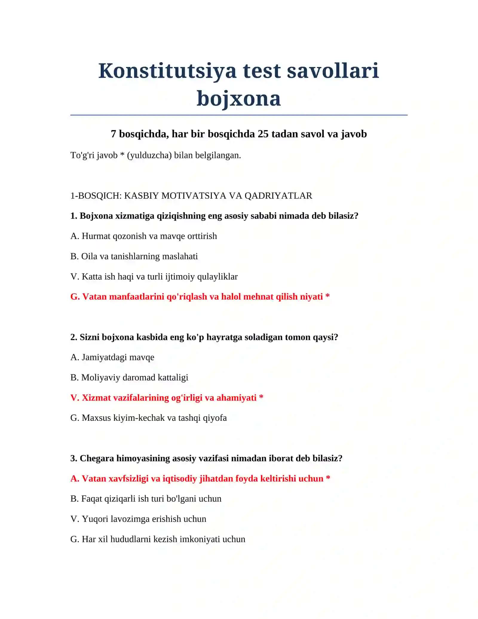 Bojxona Konstitutsiya Test Savollari 2