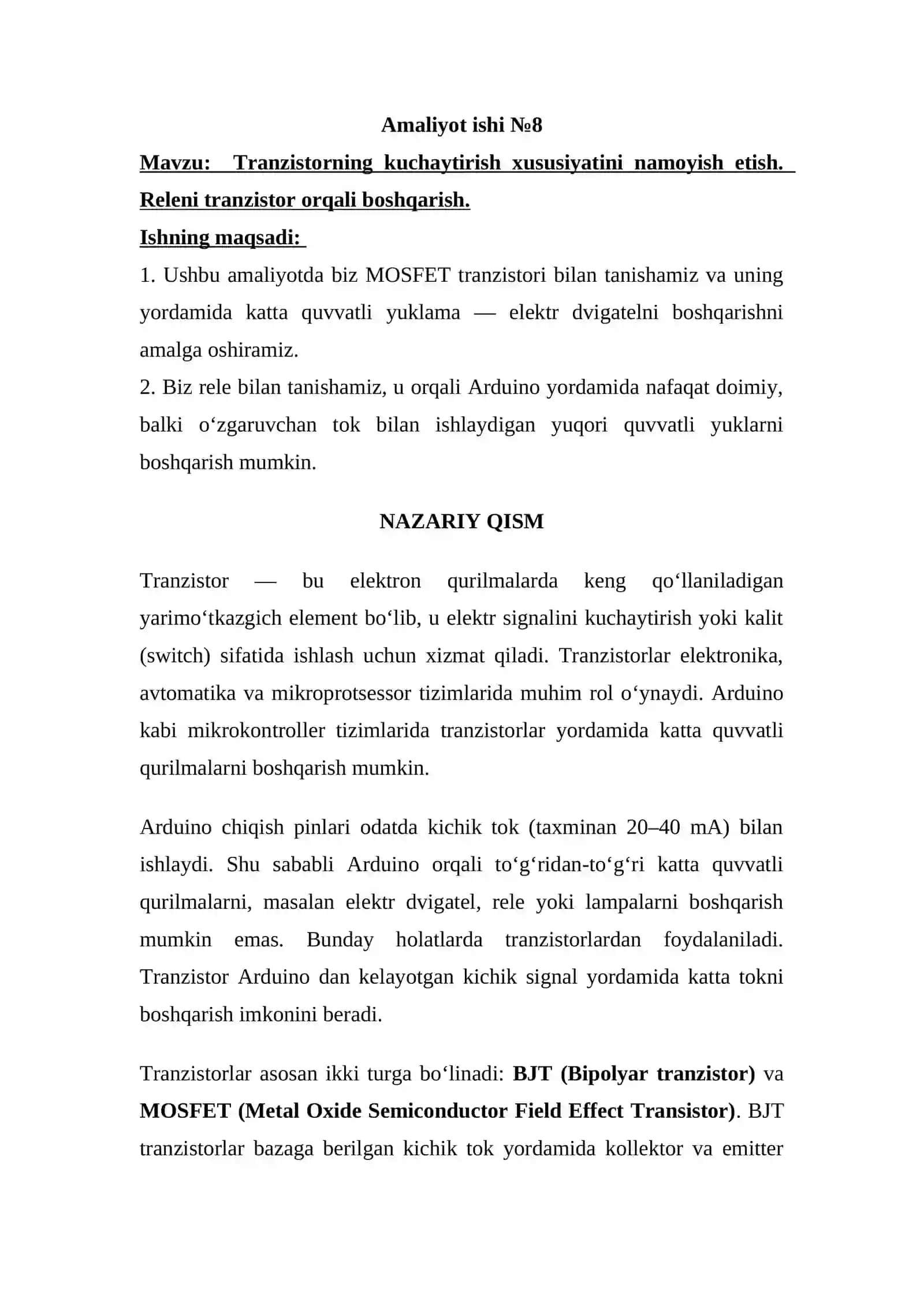 Amaliy topshiriq №8: Tranzistorning kuchaytirish xususiyatini namoyish etish 2