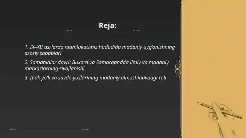 IX-XII asrlarda mamlakatimiz hududida ro‘y bergan madaniy uyg‘onish (Renessans). Buyuk allomalarning jahon sivilizatsiyasiga qo‘shgan hissasi 2