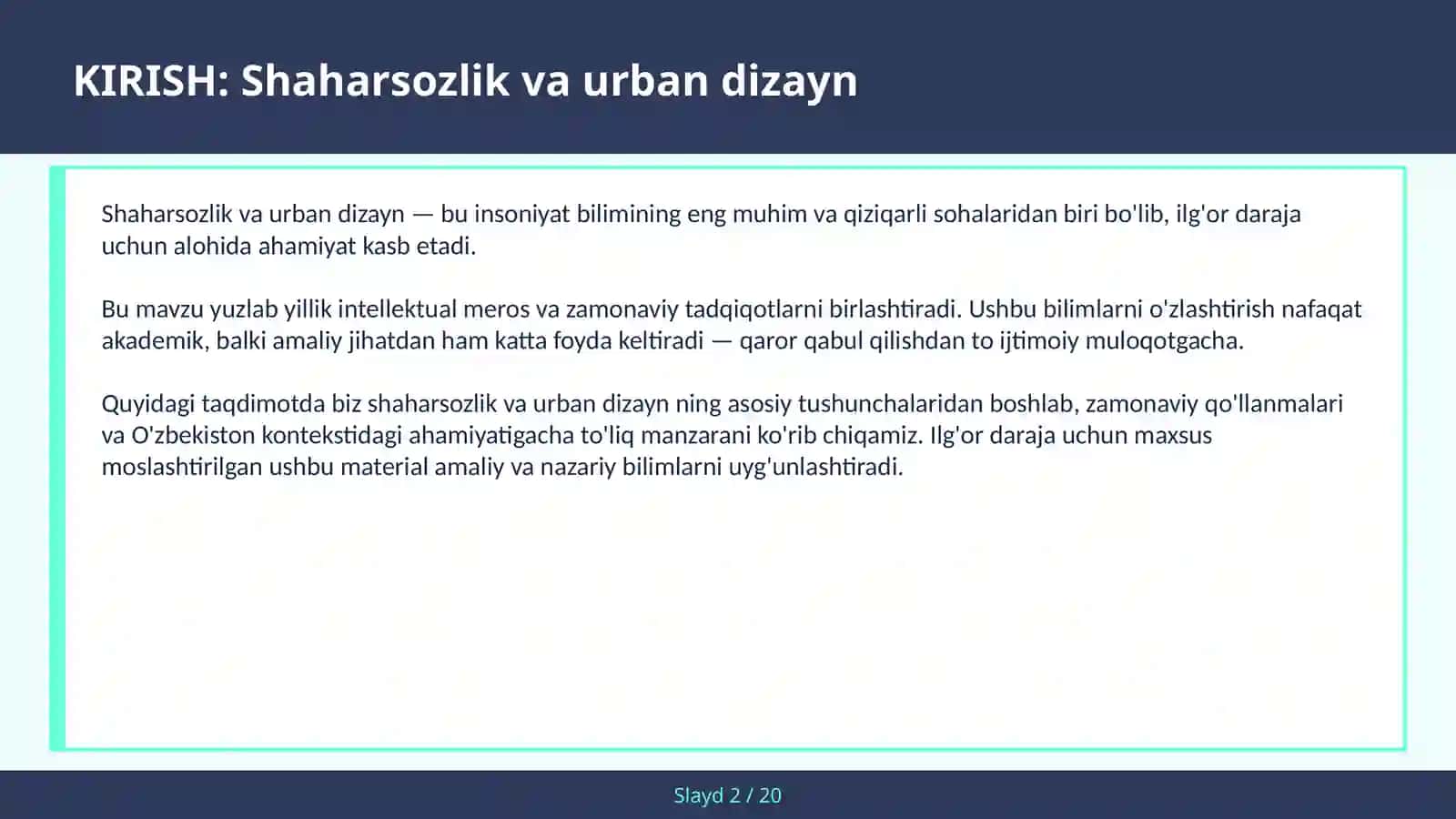 Shaharsozlik va urban dizayn 2