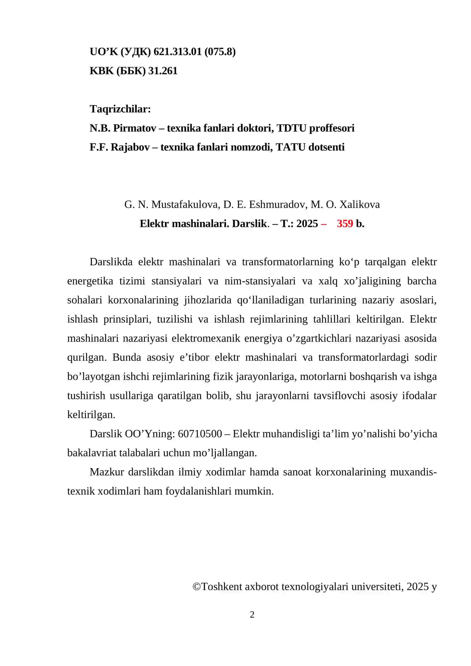 ELEKTR MASHINALARI KITOB OLIY TALIM QO'LANMA 2