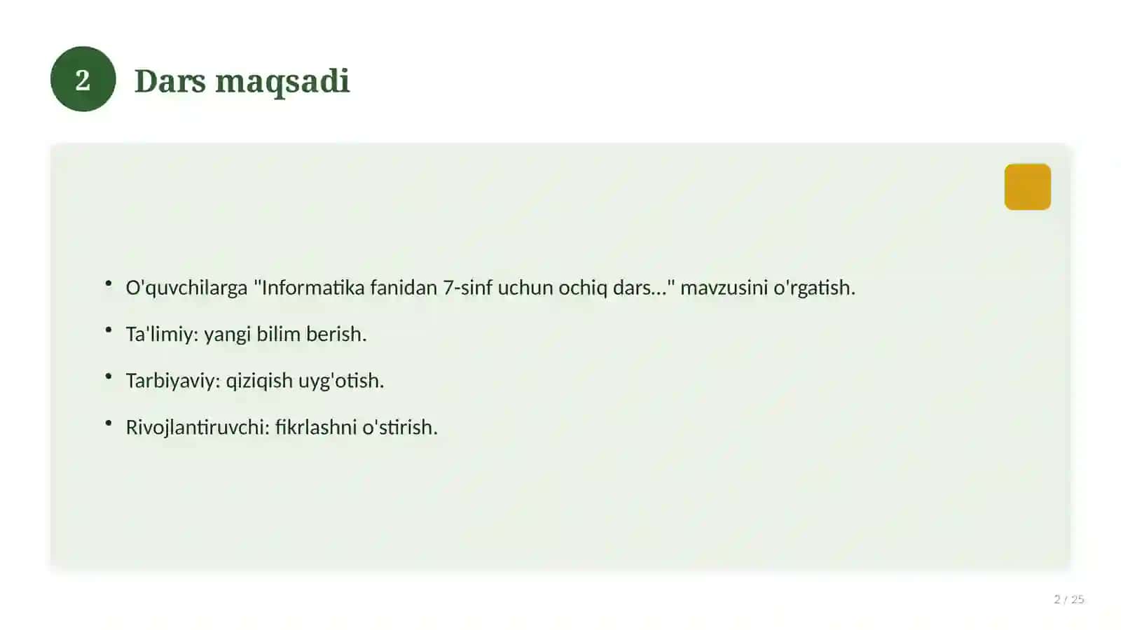 Informatika fanidan 7-sinf uchun ochiq dars ishlanmasi 2