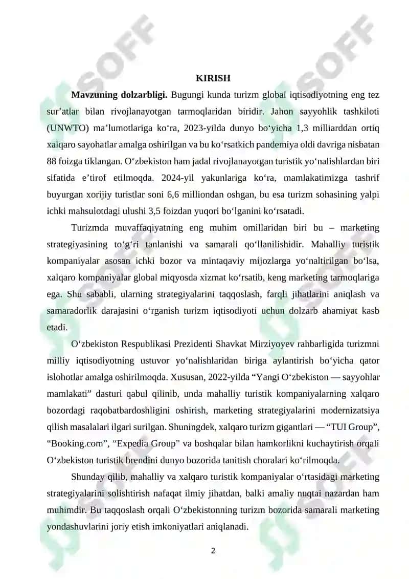 MAHALLIY VA XALQARO TURISTIK KOMPANIYALAR MARKETING STRATEGIYALARINI TAQQOSLASH 2