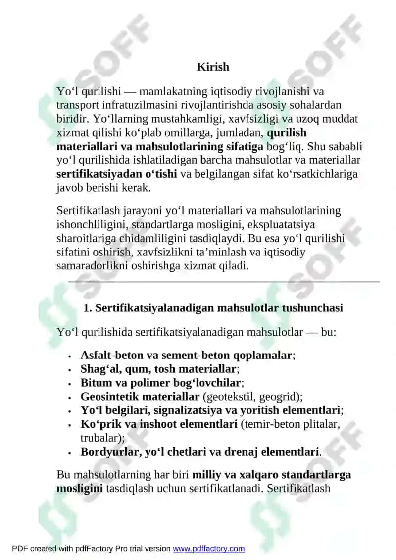 Yo‘l qurilishining sertifikatsiyalanadigan mahsulotlarining sifat ko‘rsatkichlari 2