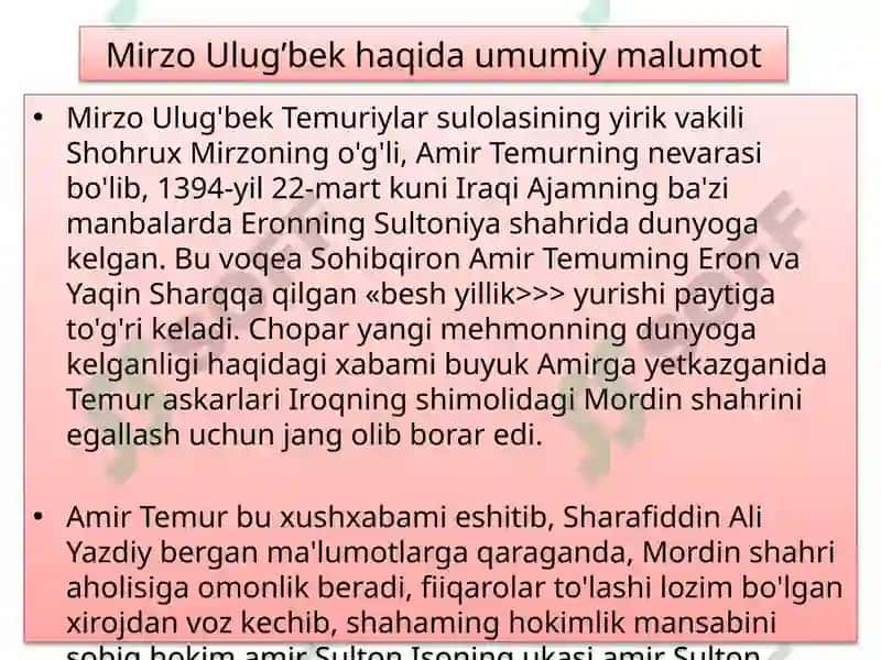 Mirzo Ulug’bek haqida umumiy malumot 2