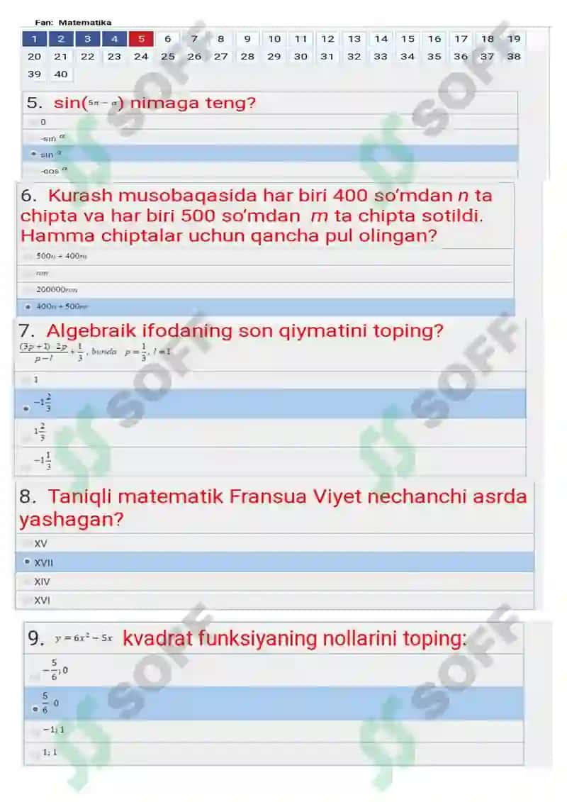 toifa testlari matematika 2025 2