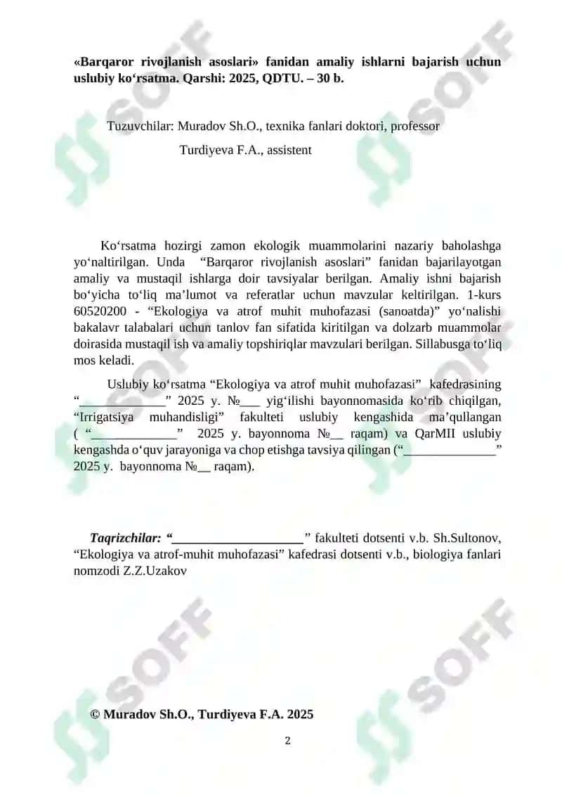 Barqaror rivojlanish asoslari fanidan amaliy ishlarni bajarish uchun uslubiy ko‘rsatma 2
