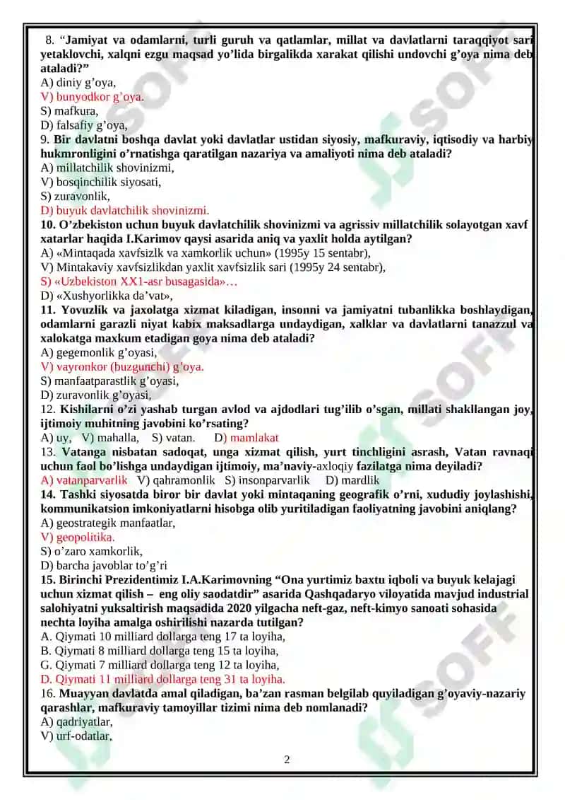Milliy  g’oya:asosiy tushuncha va tamoyillar fanidan bakalavrlar uchun yakuniy nazorati test savollari 2