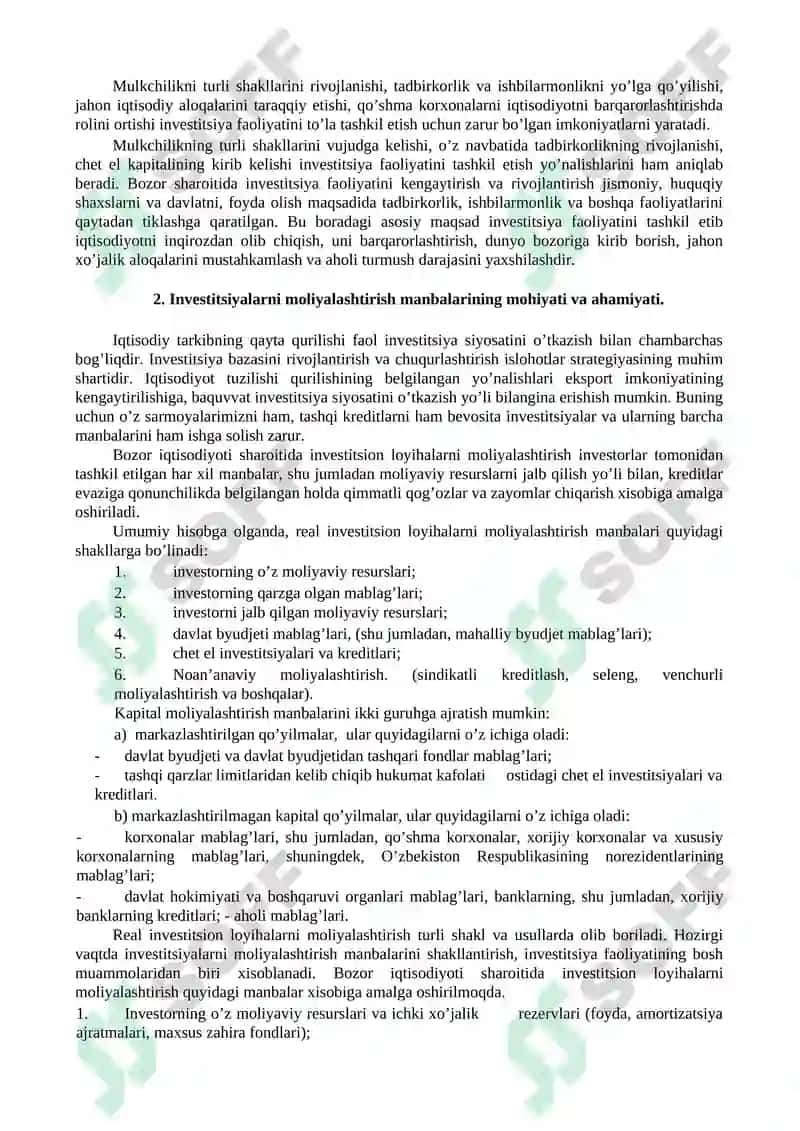 Investitsiya faoliyatini moliyalashtirish manbalari va usullari 2