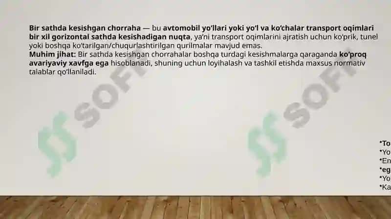 Avtomobil yo'llari va shahar ko'chalarini bir sathda kesishgan chorrahalarga harakat xavfsizligi bo'yicha qo'yilgan meyiriy talablarni o'rganish 2