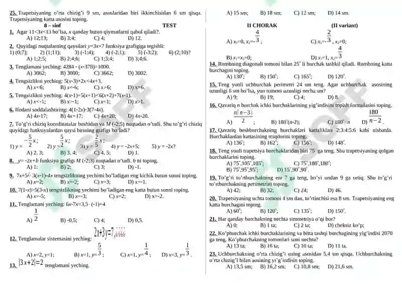 8 – sinf Algebra TEST II CHORAK (2 ta variant) 2
