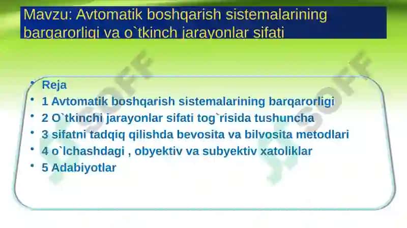 Avtomatik boshqarish sistemalarining barqarorligi va o`tkinch jarayonlar sifati 2