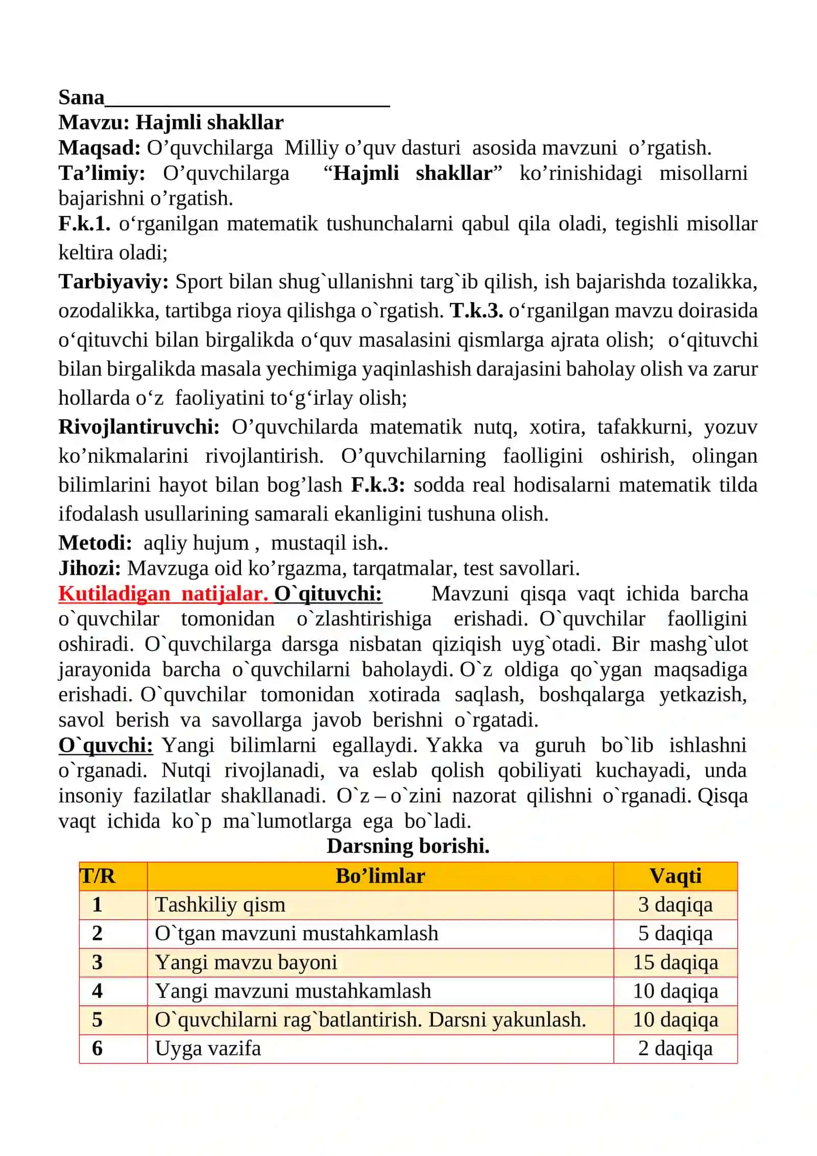 Hajmli shakllar 1-sinflar uchun Matematika fanidan dars ishlanmasi 2