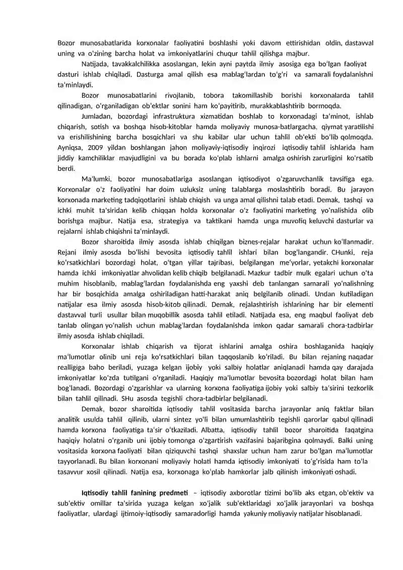 Iqtisodiy tahlilning mazmuni, vazifalari, metodi va unda qo’llaniladigan an’anaviy usullar 2
