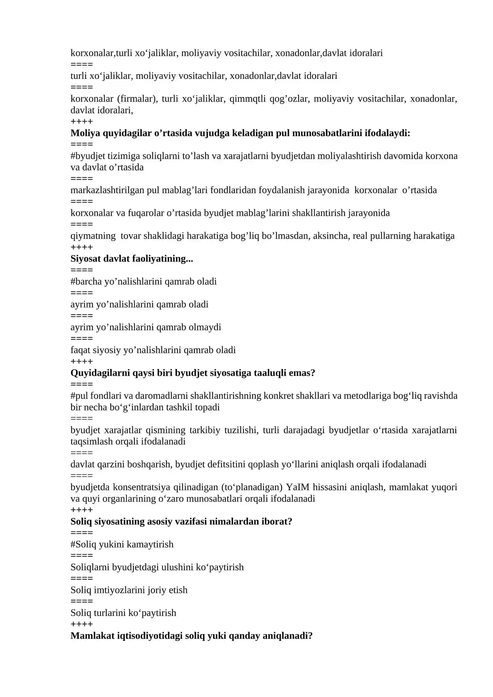 Moliya fanidan test savollari 2