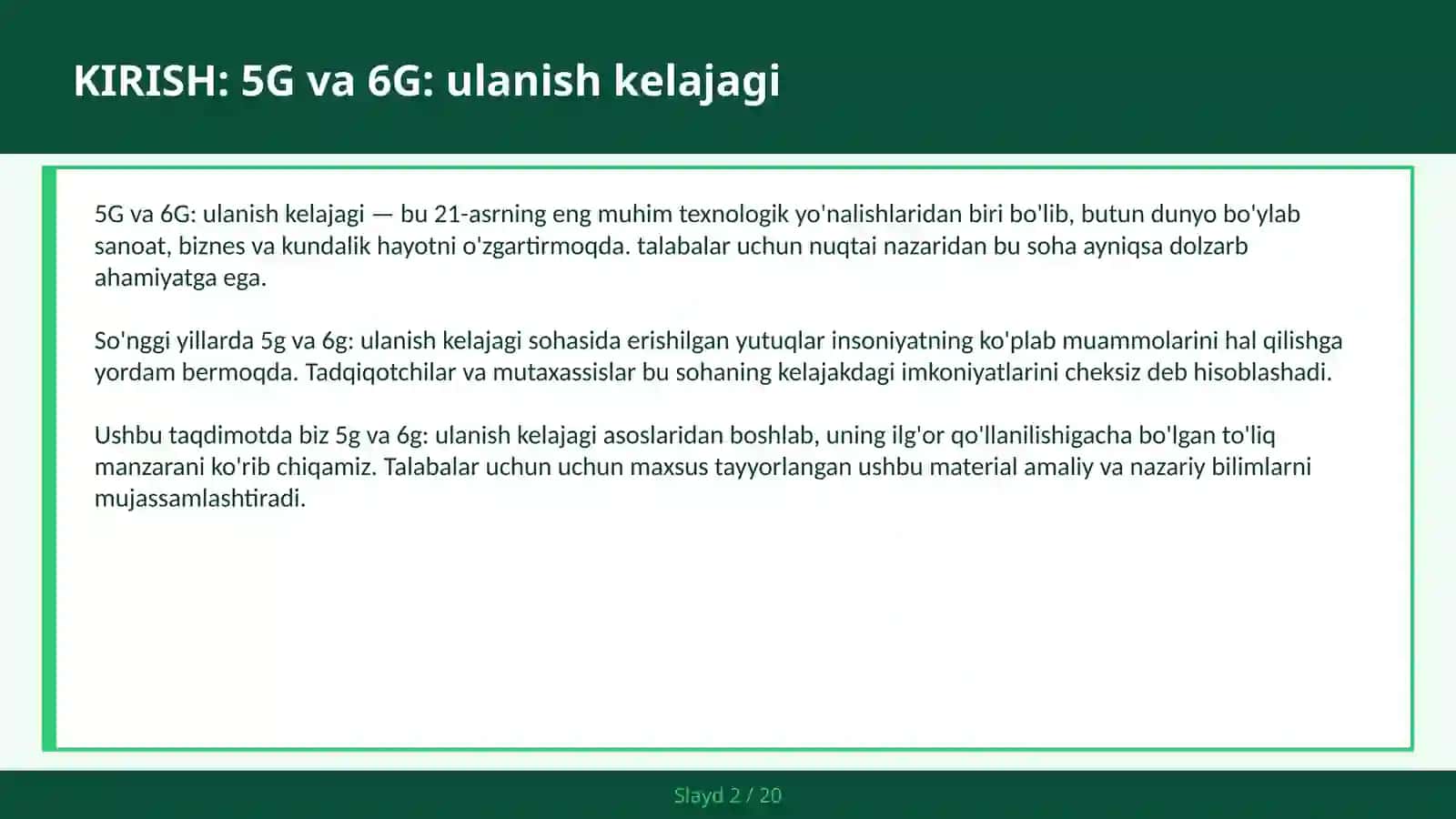 5G VA 6G: ULANISH KELAJAGI 2