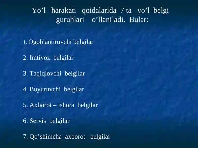 Yo‘l belgilari va ularning guruhlari 2