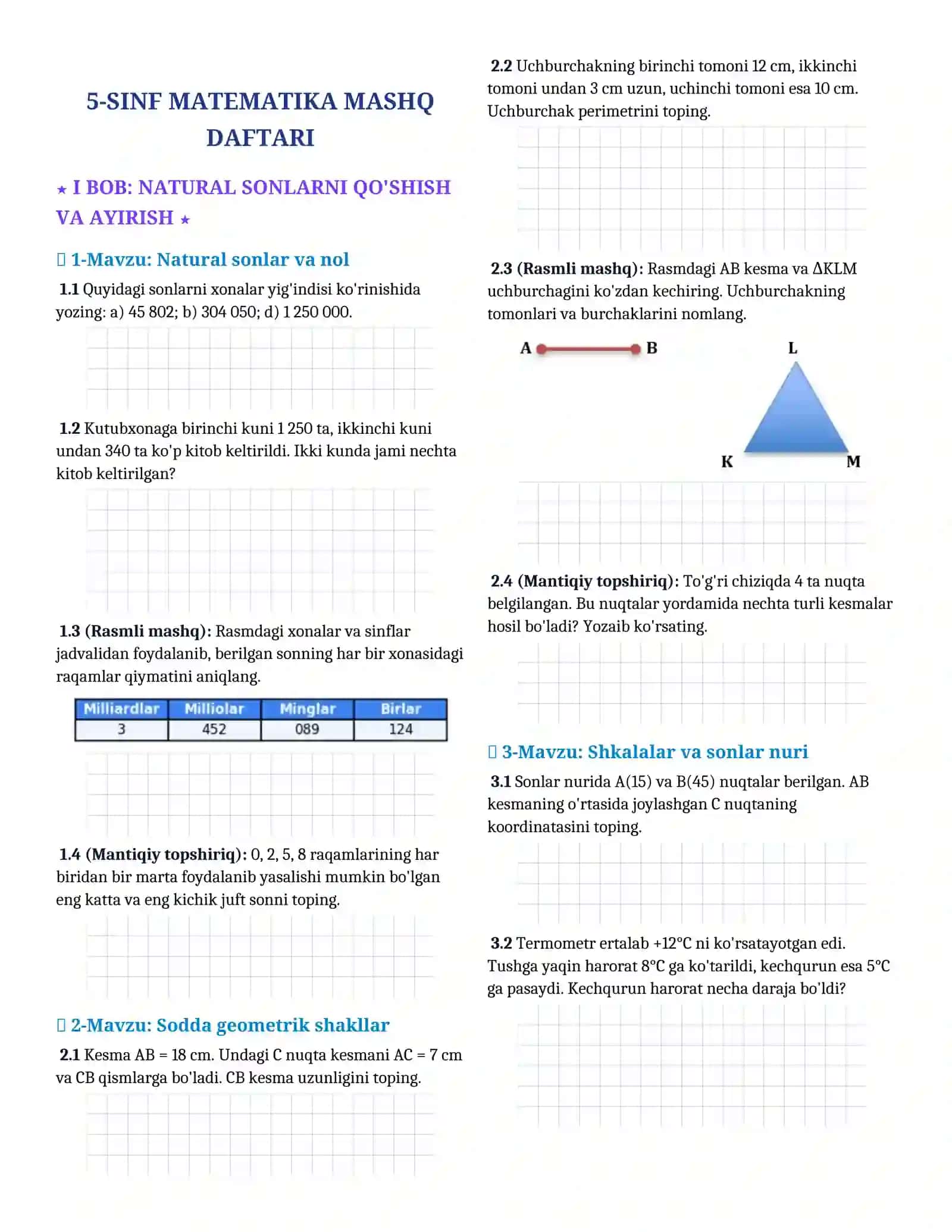 5-SINF MATEMATIKA MAVZULASHTIRILGAN TOPSHIRIQLAR MASHQ DAFTARI, YANGI DARSLIK ASOSIDA 2