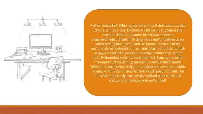 Python dasturlash tilida to’plamlar (List, Set, Tuple, Dictionary) bilan ishlash 2