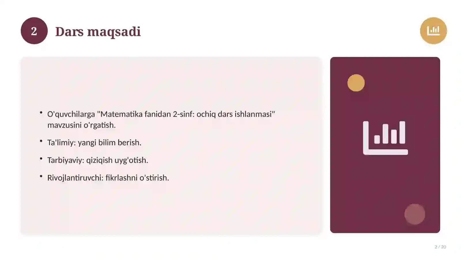 Matematika fanidan 2-sinf: ochiq dars ishlanmasi 2