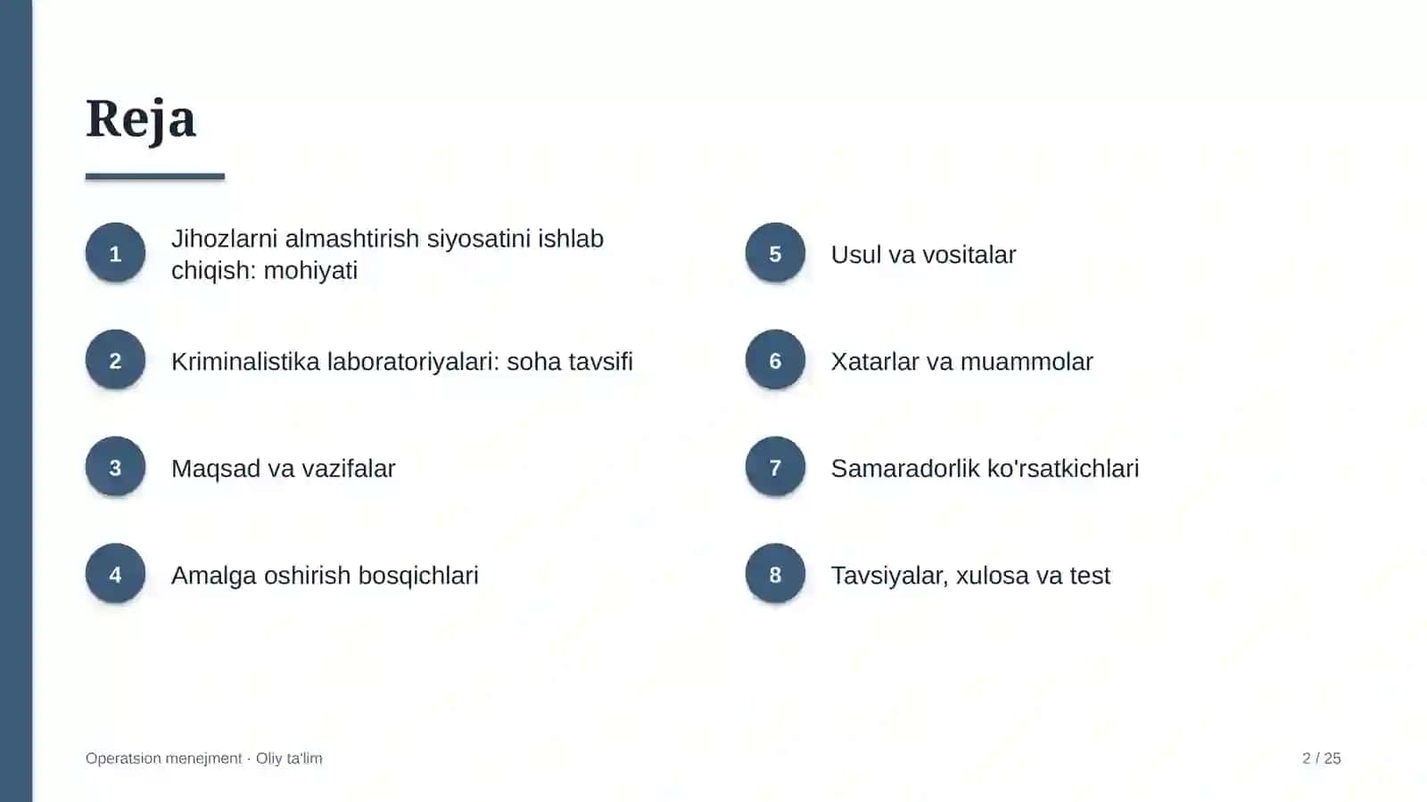 Kriminalistika laboratoriyalarida jihozlarni almashtirish siyosatini ishlab chiqish 2