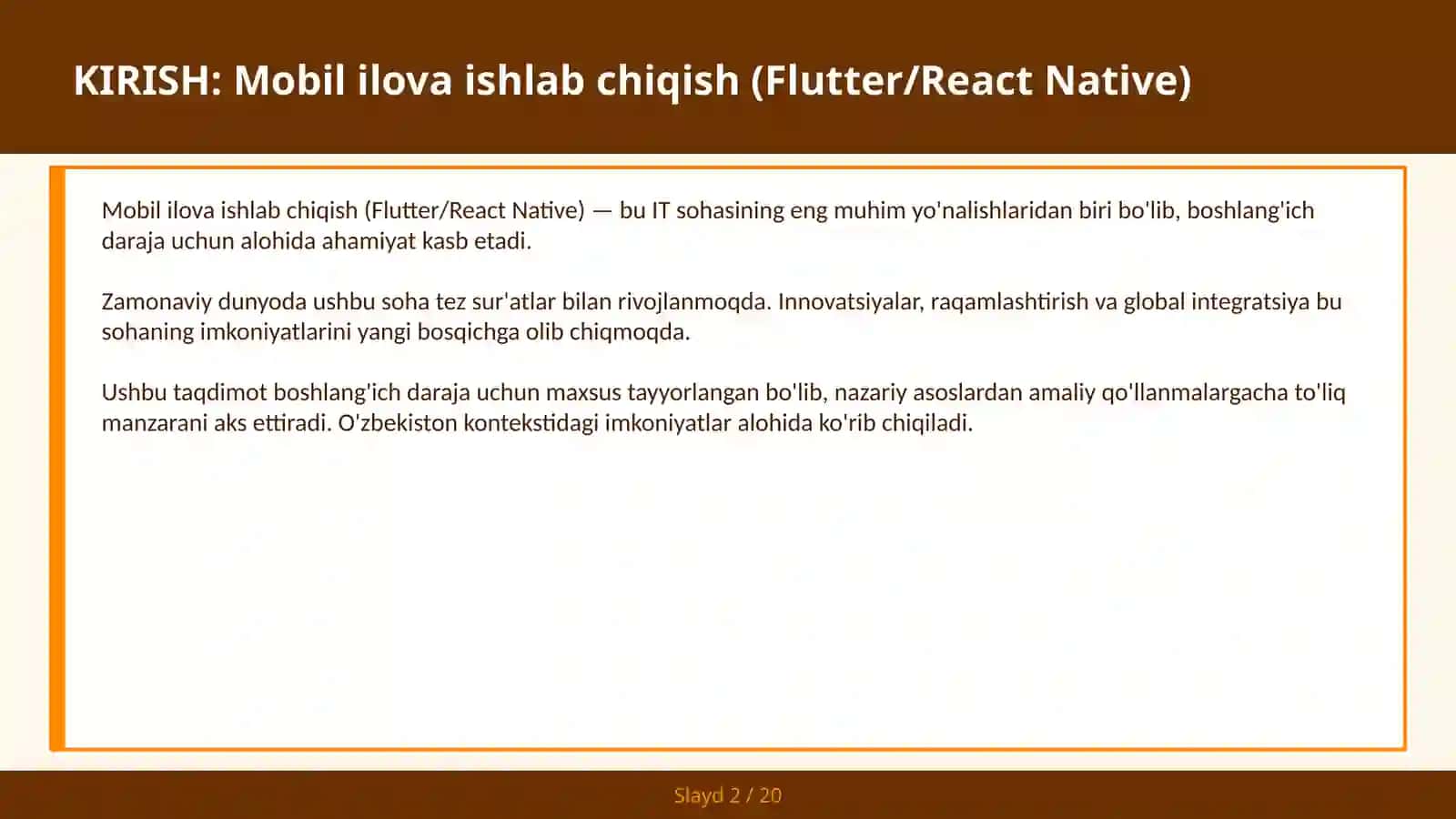 Mobil ilova ishlab chiqish (Flutter/React Native) 2