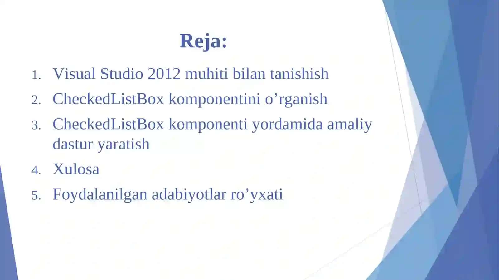 C# dasturlash tilida CheckedListBox komponenti yordamida dastur yaratish 2