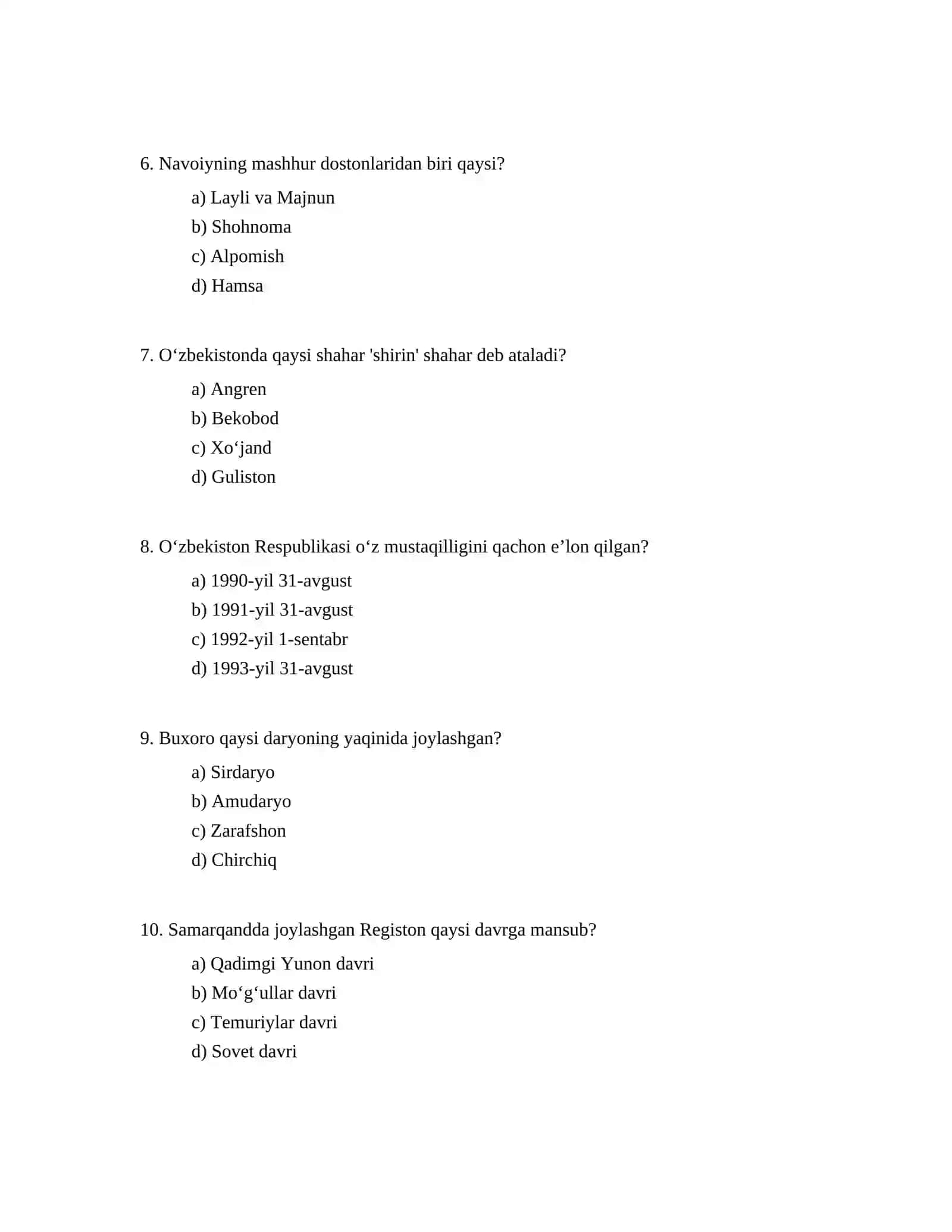 uzbekcha testlar 2