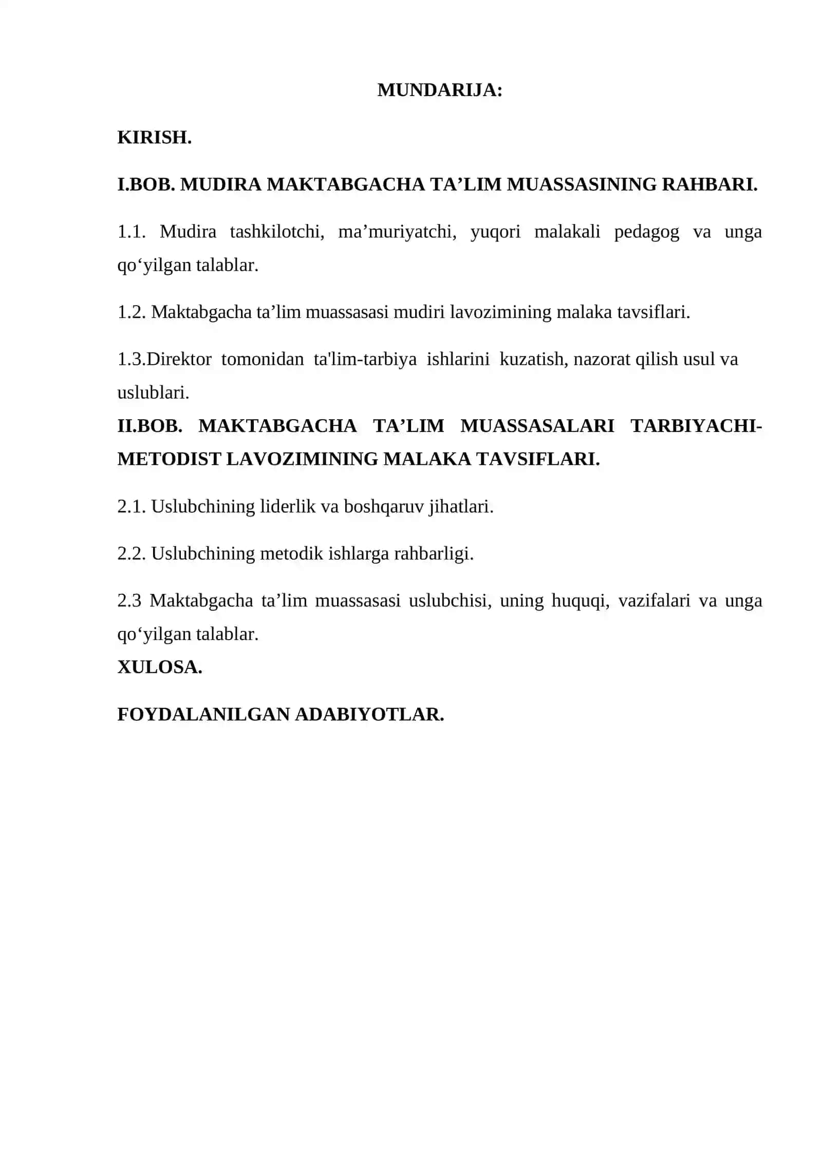 Mudira – maktabgacha ta’lim muassasasi rahbari sifatida kurs ishi 2