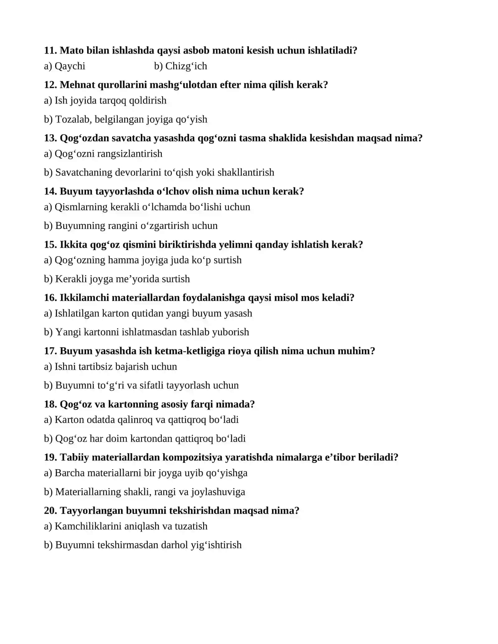 2-SINF TEXNOLOGIYA  FANIDAN TEST 2