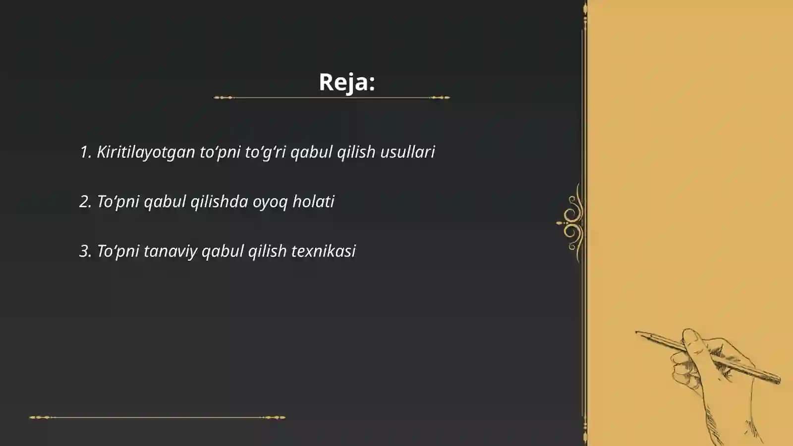 Kiritilayotgan toʻpni qabul qilish, uzatish va turli zonalardan zarba berish texnikasini oʻrgatish 2