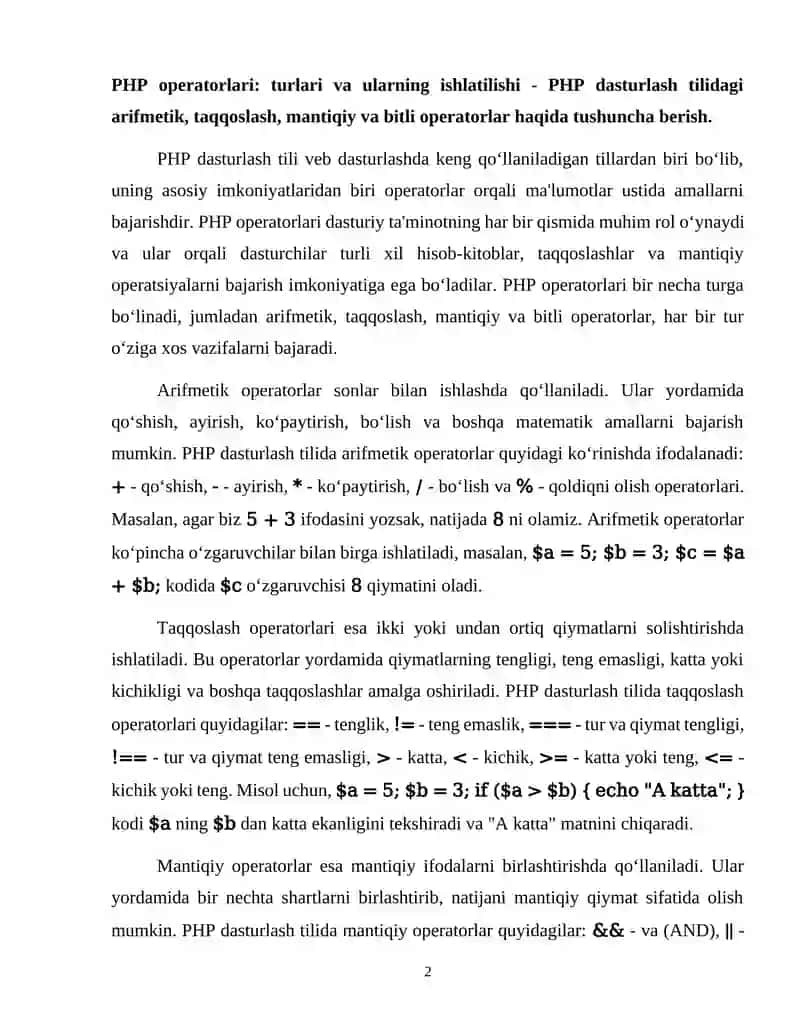 PHP Web dasturlash tili operatorlari ustida amallar 2