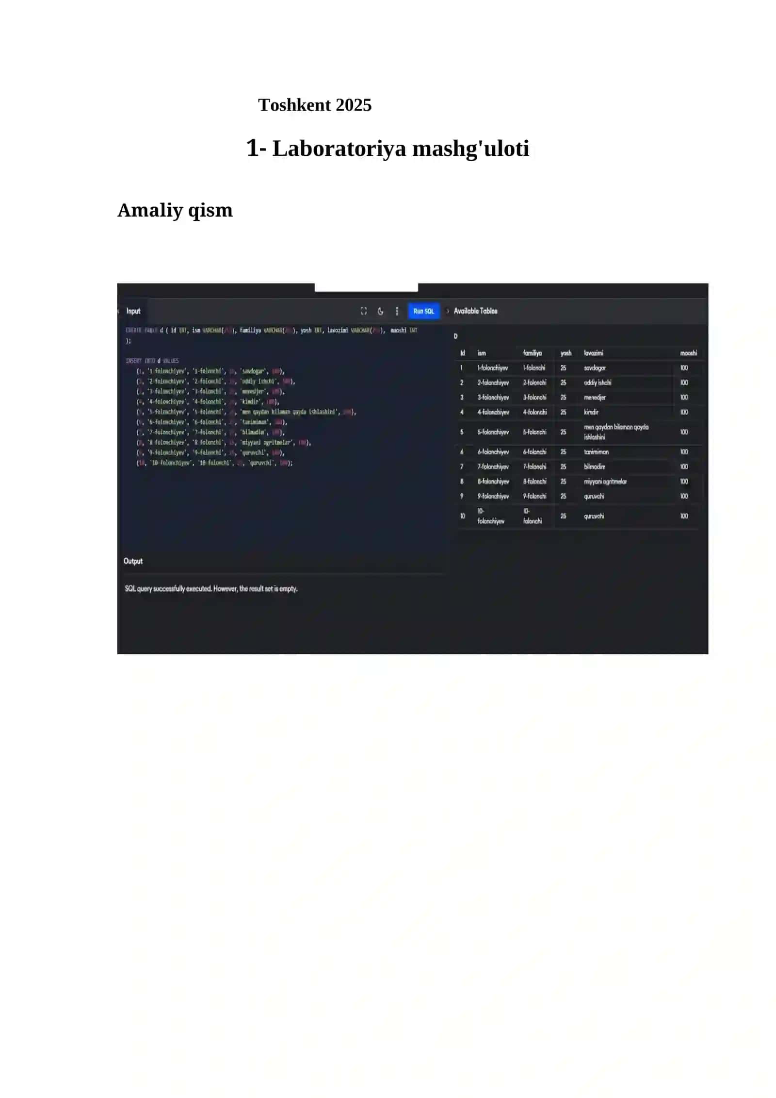 SQL tilida jadval yaratish, o‘chirish va ma'lumot yozish 2